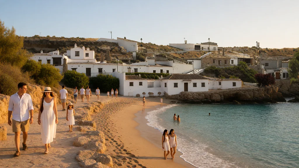 Fuencaliente Natural Thermal Spring in Orce: free year-round 21°C crystal-clear pool in Granada — Historic architecture & visitors promenade