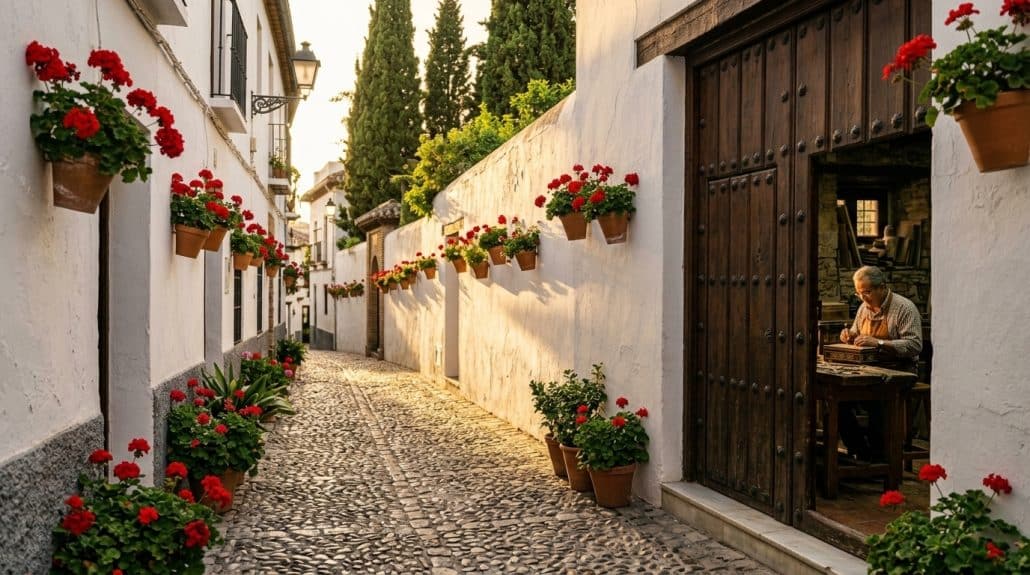 Callejón empedrado del Albaicín con macetas de geranios, portal de carmen y artesano de taracea