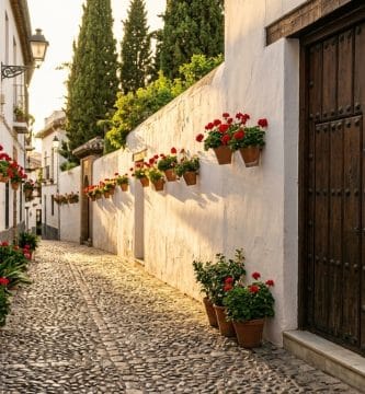 Callejón empedrado del Albaicín con macetas de geranios, portal de carmen y artesano de taracea