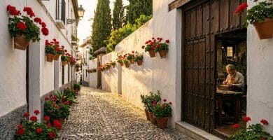Callejón empedrado del Albaicín con macetas de geranios, portal de carmen y artesano de taracea