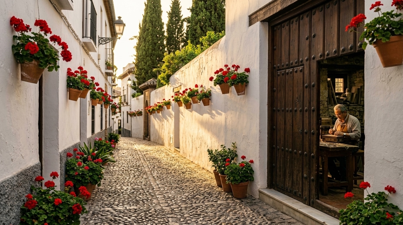 Callejón empedrado del Albaicín con macetas de geranios, portal de carmen y artesano de taracea