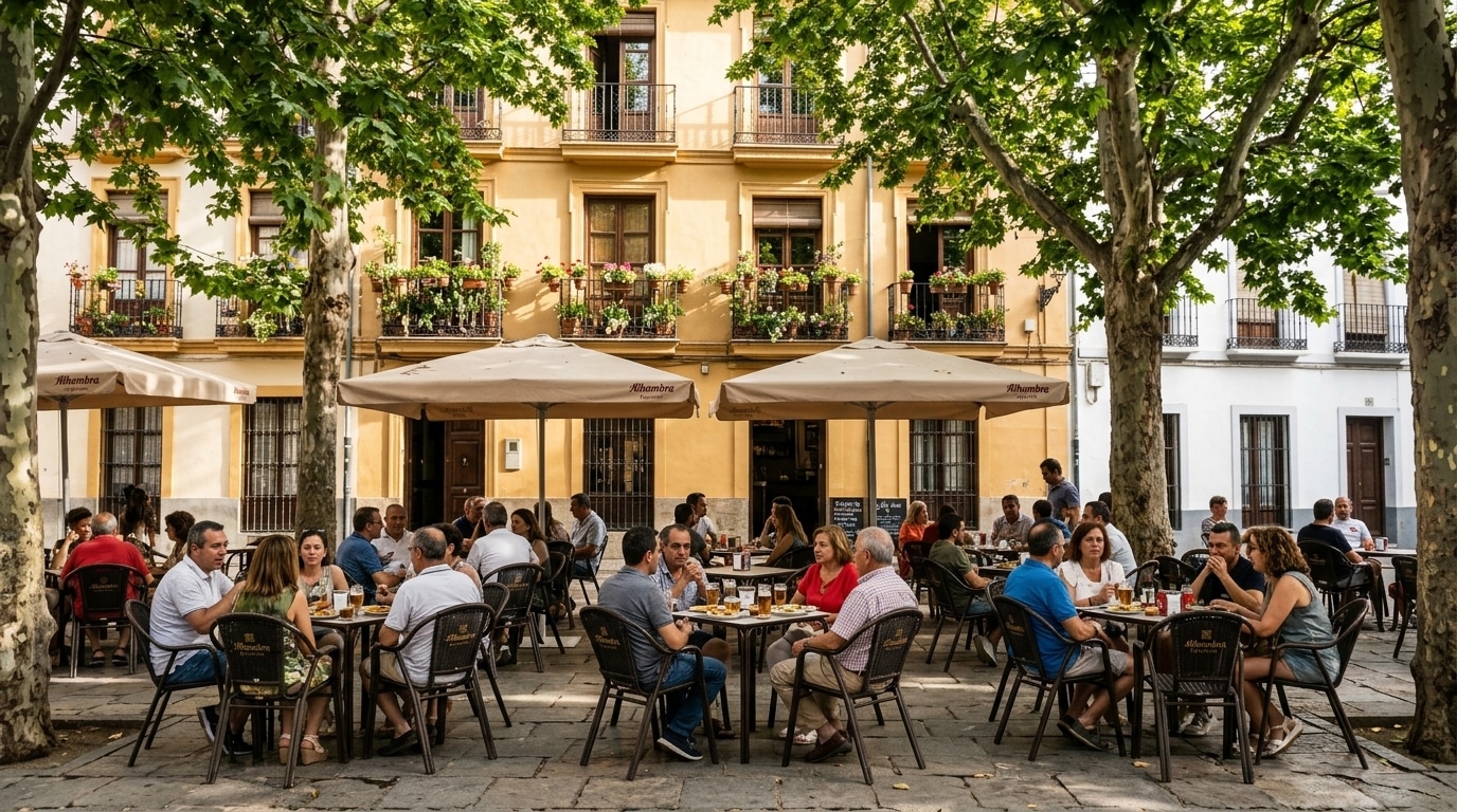 Plaza del Campo del Príncipe en el Realejo con terrazas de cañas bajo los plátanos de sombra y balcones con geranios