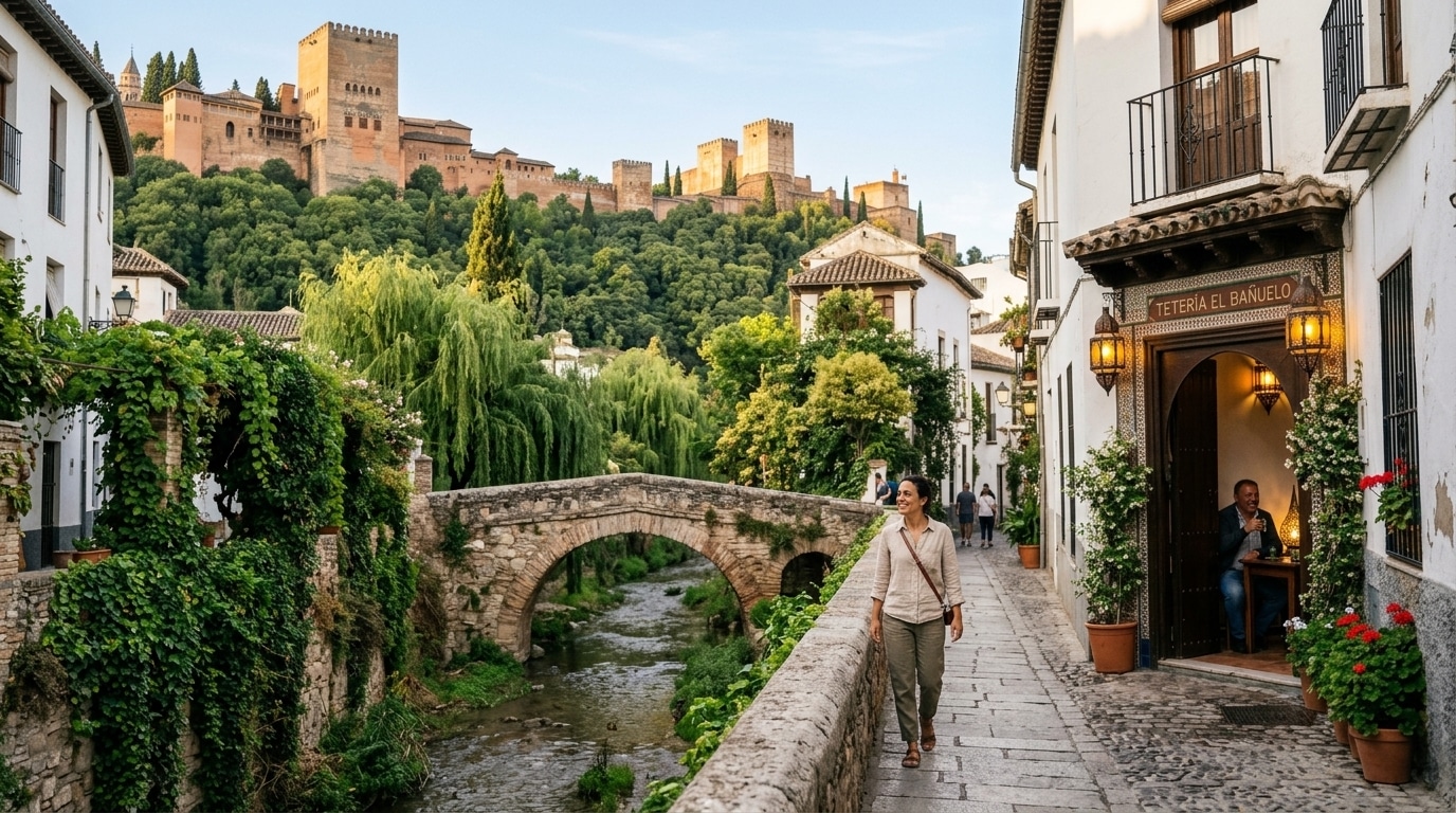 Carrera del Darro con puente de piedra, río Darro y torres de la Alhambra elevándose en la colina boscosa