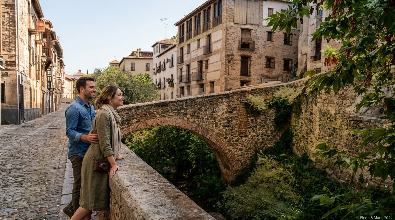 Pareja asomada al puente de piedra de Espinosa sobre el río Darro con los muros de la Alhambra en lo alto de la colina