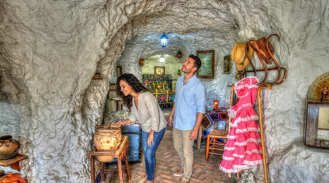 Couple culturel mature marchant le long du chemin pavé du Sacromonte devant les maisons troglodytes et les figuiers de Barbarie avec vue sur l'Alhambra