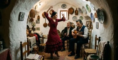 Zambra flamenca tradicional dentro de una cueva encalada del Sacromonte con bailaora y guitarrista