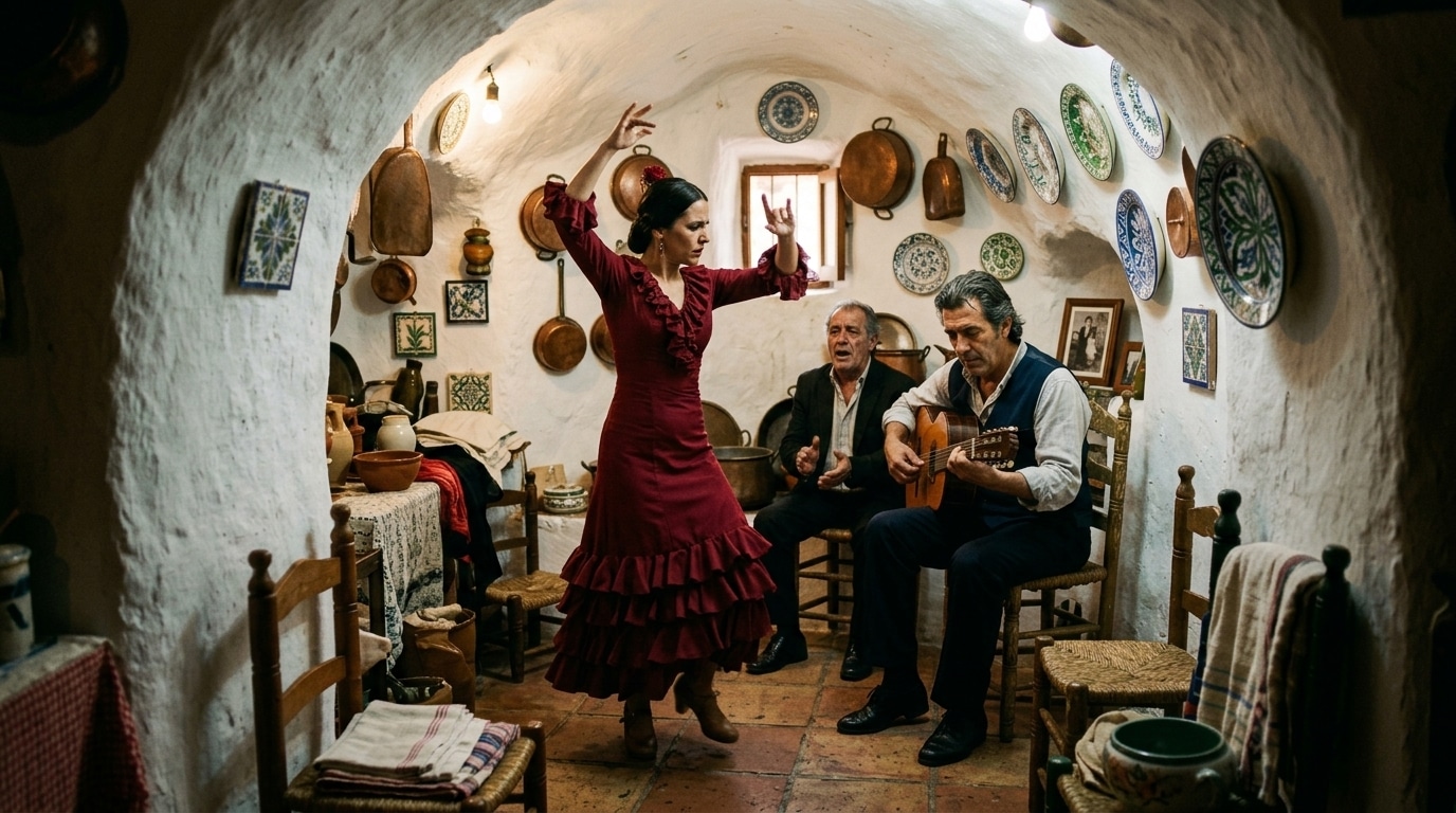 Zambra flamenca tradicional dentro de una cueva encalada del Sacromonte con bailaora y guitarrista