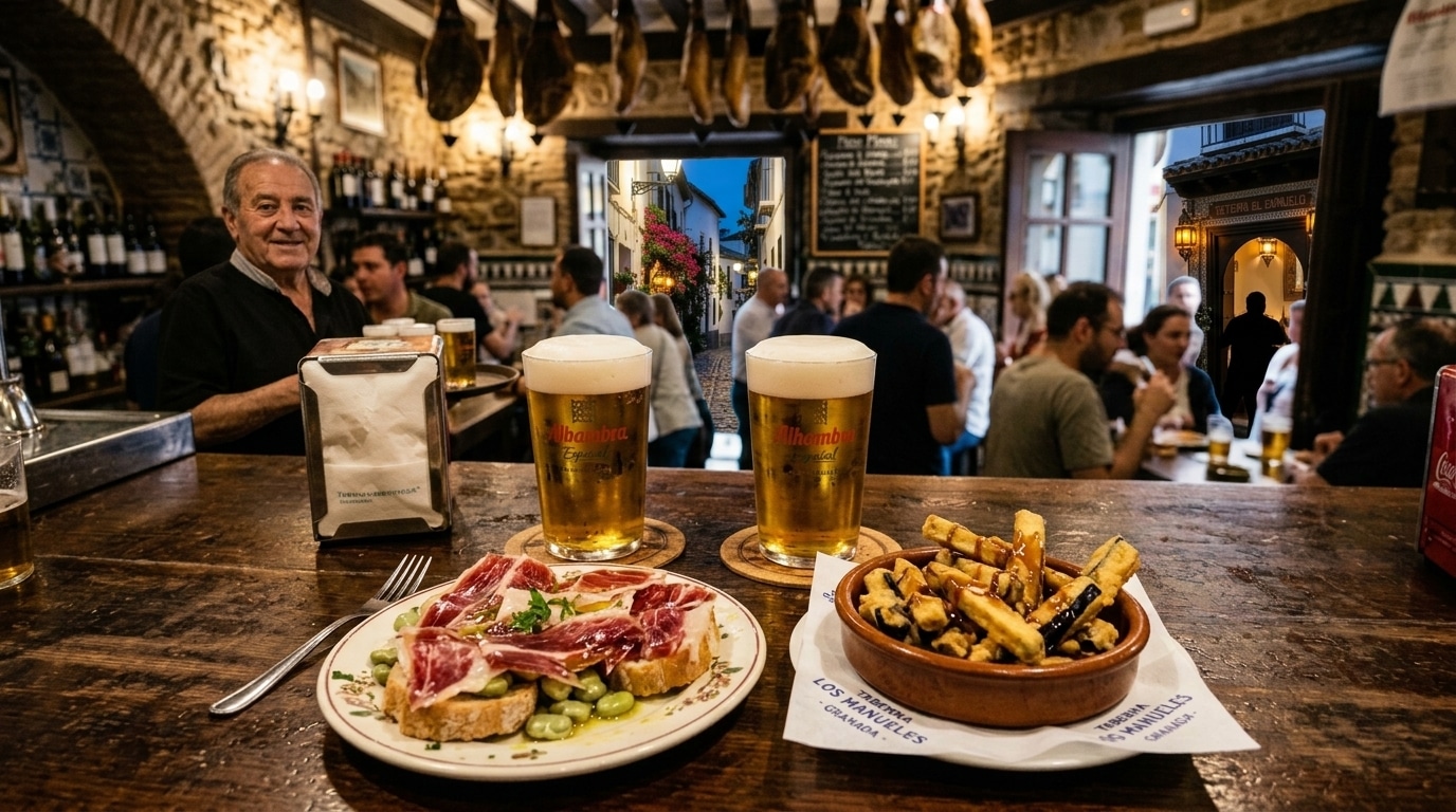Barra tradicional de tapas en Granada con cañas de Cervezas Alhambra, habas con jamón y berenjenas con miel