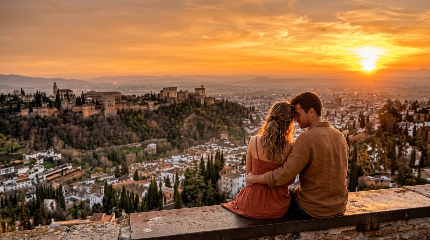 Elena y Marc contemplando la puesta de sol dorada sobre Granada y la Alhambra desde la colina de la ermita de San Miguel Alto
