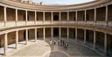 Patio circular de dos niveles del Palacio de Carlos V con columnatas toscanas e jónicas en la Alhambra