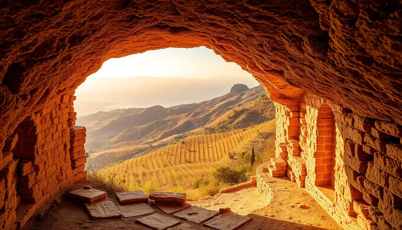 Entorno montañoso de la Cueva de los Murciélagos en Albuñol con vistas hacia los viñedos abancalados y la línea costera del mar de Alborán
