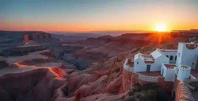 Vistas desde el Mirador del Fin del Mundo en Beas de Guadix sobre las arcillosas cárcavas y chimeneas de casas cueva del Geoparque de Granada al atardecer