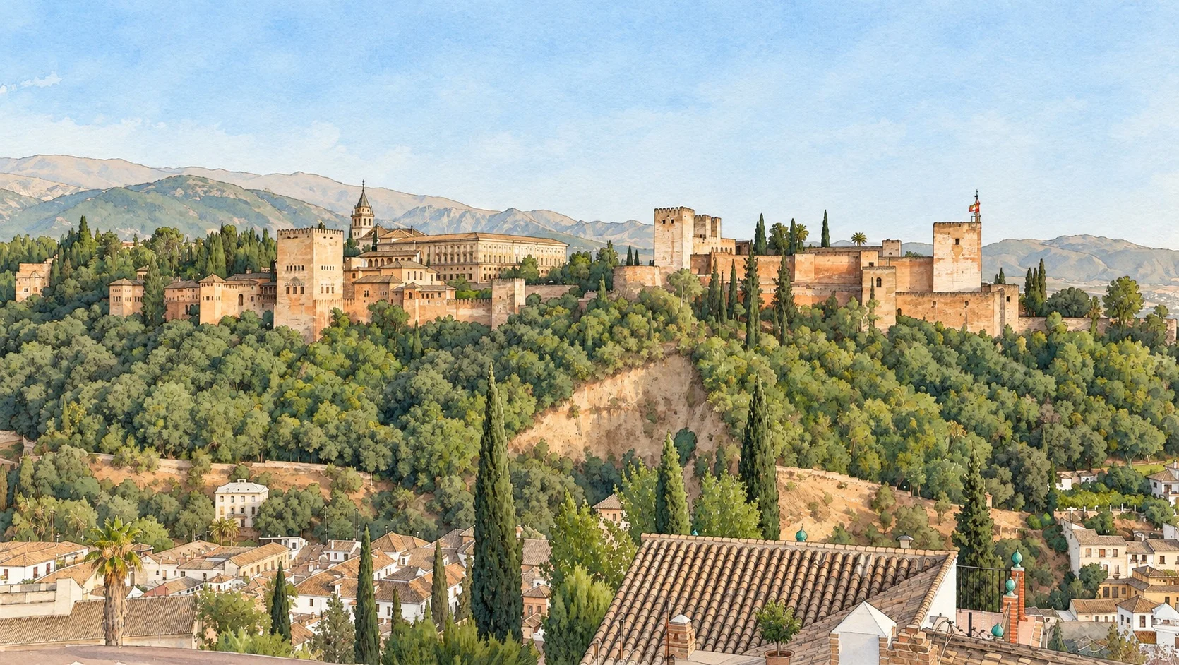 Photograph de l'Alhambra de San Nicolás, avec les palais, l'Alcazaba et le versant boisé