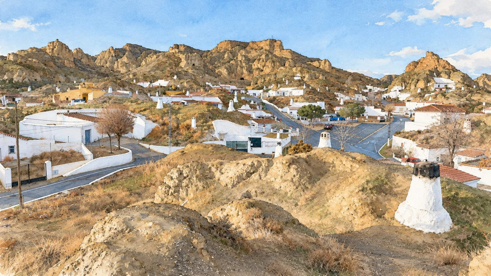 Vista do bairro das grutas de Guadix com fachadas caiadas e chaminés entre colinas de barro