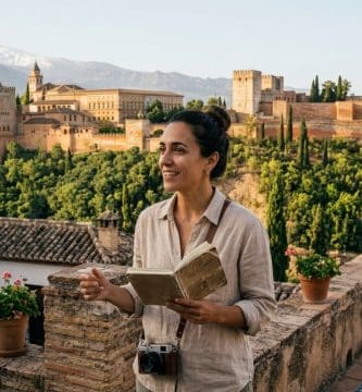 Guía historiadora con libreta y cámara frente a la panorámica de la Alhambra y Sierra Nevada