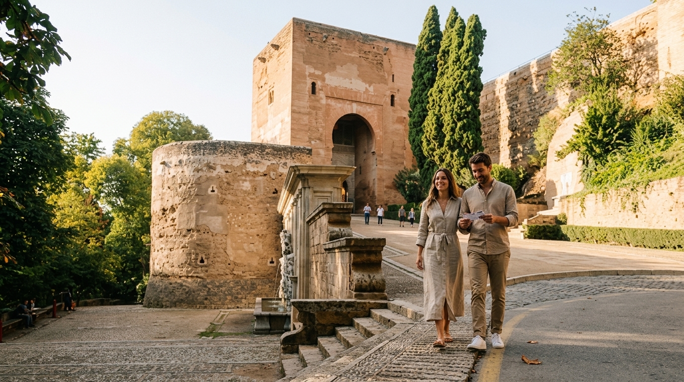 Elena y Marc cruzando el monumental arco de herradura de la Puerta de la Justicia para acceder a los Palacios de la Alhambra