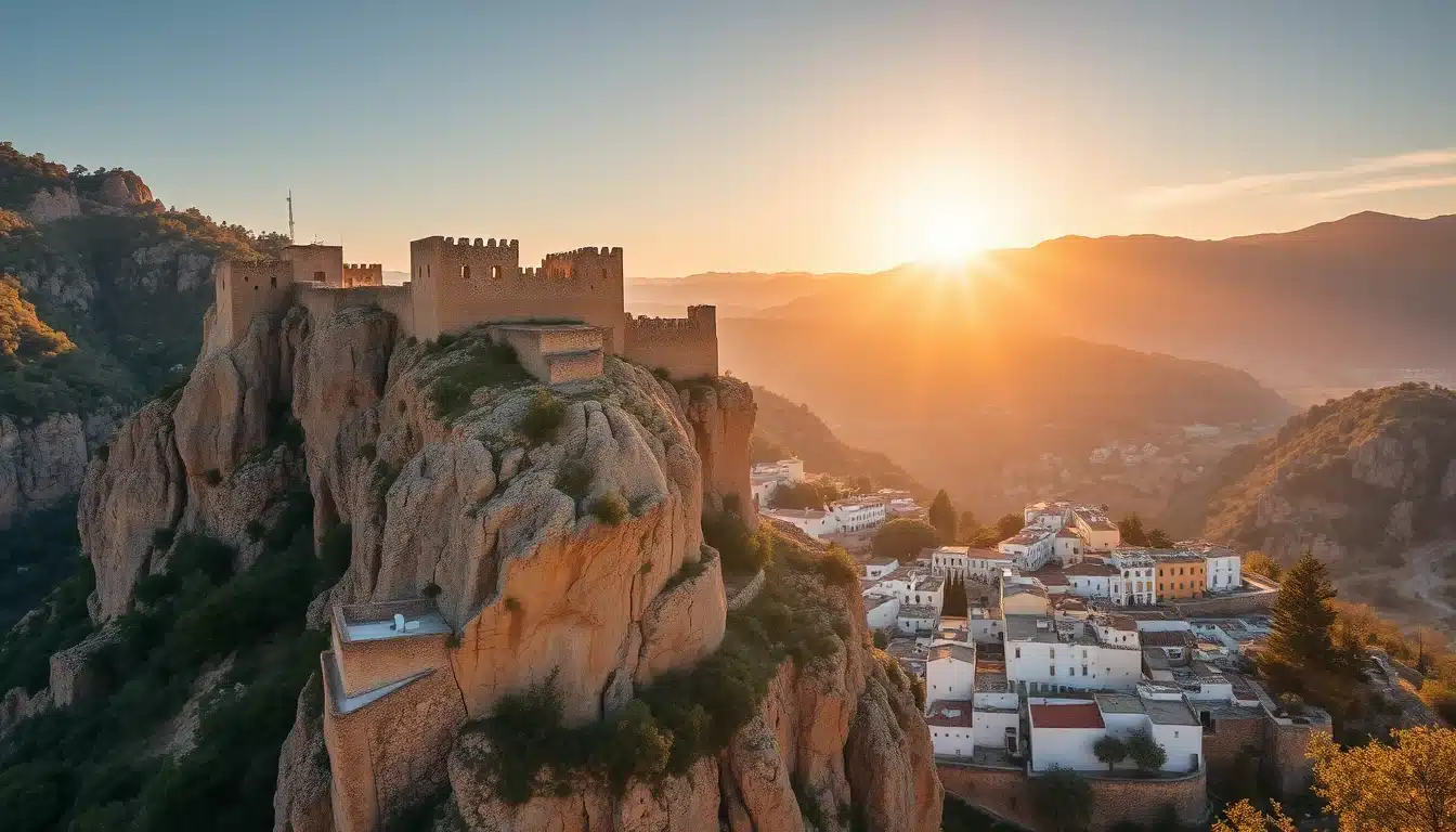 Ruinas del castillo árabe de La Peza encaramadas a una peña caliza dominando el caserío blanco y los bosques de Sierra de Huétor