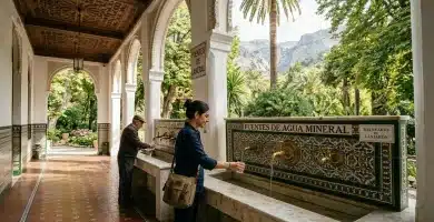 Lanjarón 5 Galería neomudéjar del Balneario de Lanjarón con fuentes de agua mineral medicinal y jardines históricos