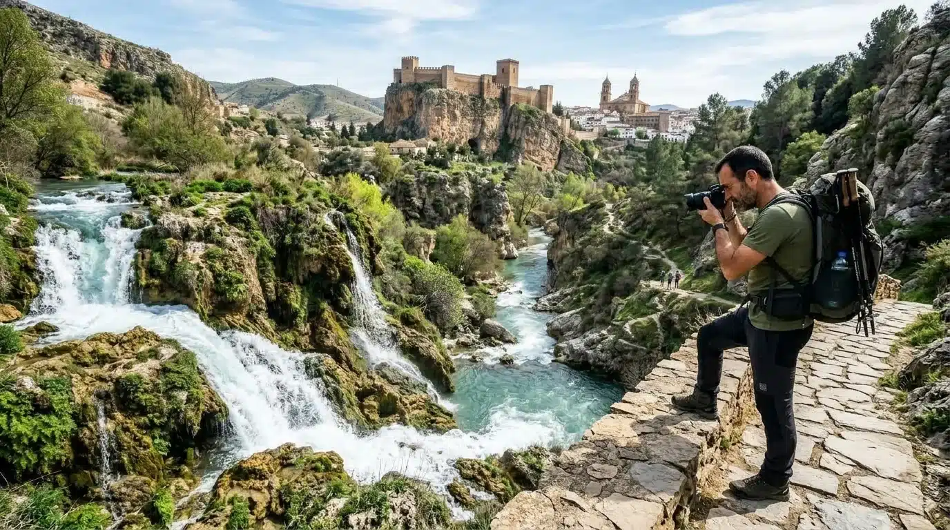 Monumento Natural de los Infiernos de Loja con cascadas de toba caliza sobre el río Genil y la Alcazaba en lo alto