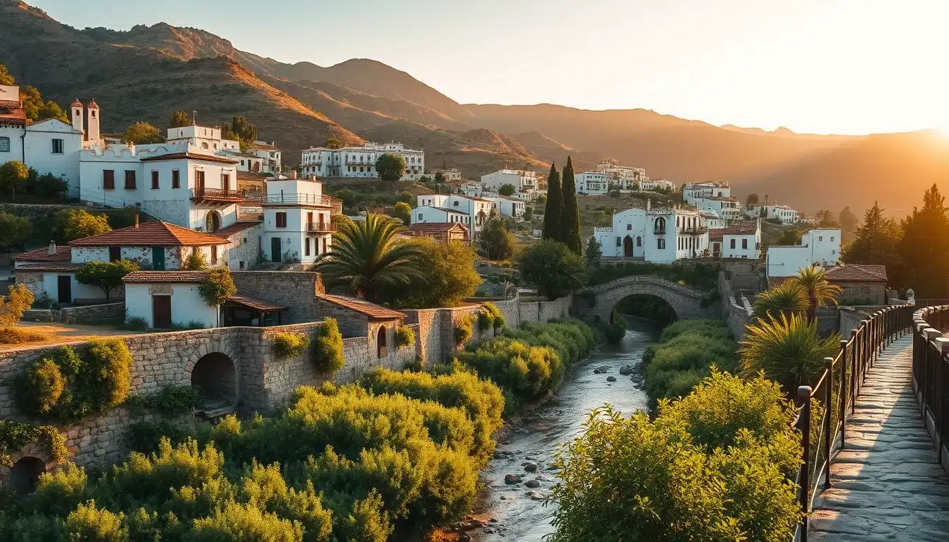 Pueblo blanco de Molvízar abrazado por bancales de chirimoyos y aguacates regados por acequias tradicionales entre la sierra y la costa