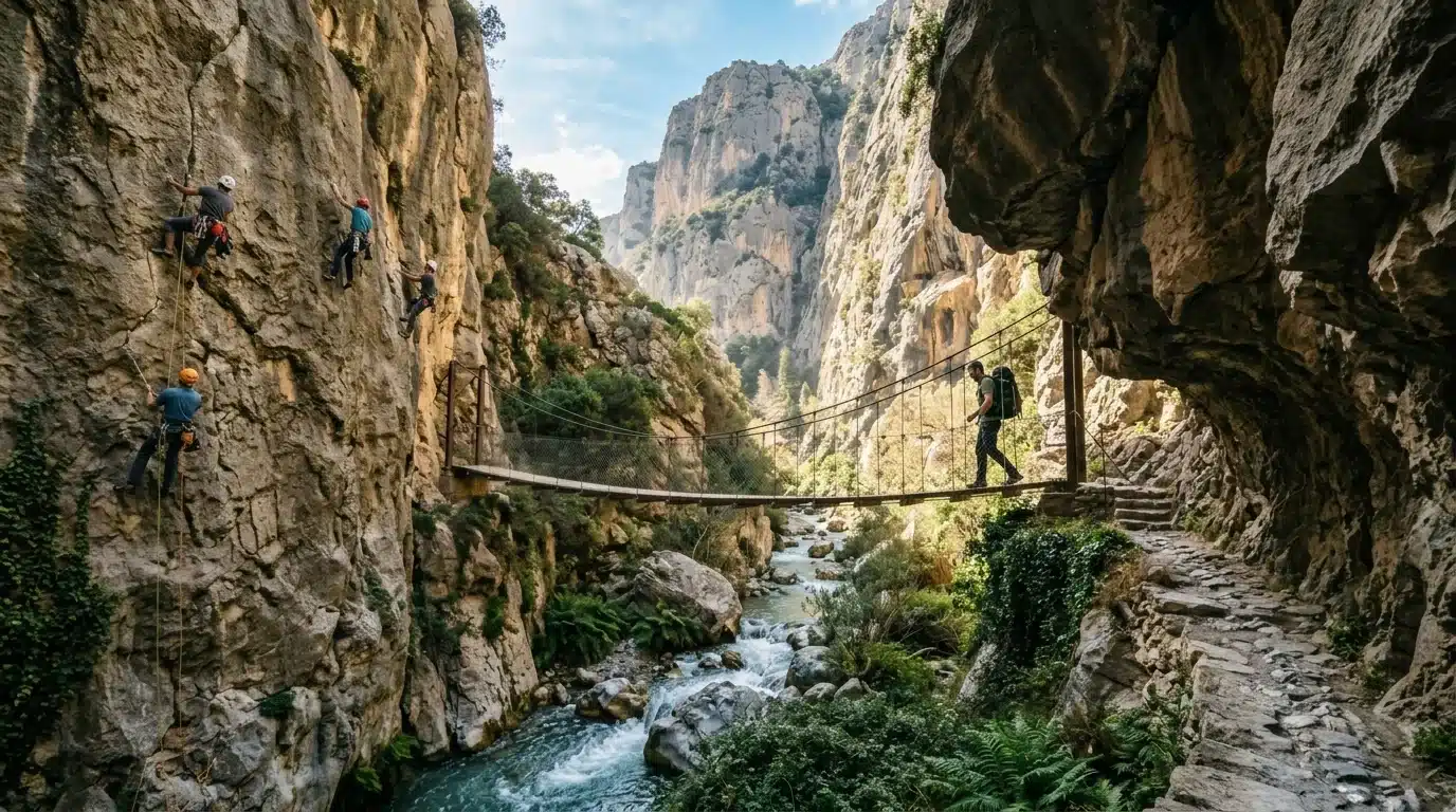Puente colgante sobre la garganta de Los Cahorros de Monachil con paredes verticales de escalada y río cristalino