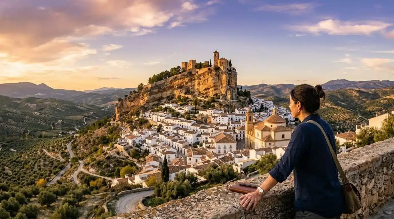 Panorámica de Montefrío desde el Mirador National Geographic con la Iglesia de la Villa, el castillo árabe y el caserío blanco entre olivares al atardecer