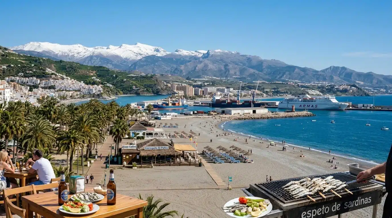 Terraza con espeto de sardinas en Playa Granada con el puerto de Motril y las cumbres nevadas de Sierra Nevada de fondo