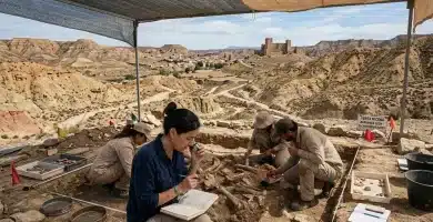 Orce 6 Excavación paleontológica en los yacimientos de Orce con fósiles del Pleistoceno y la Alcazaba de las Siete Torres en el horizonte