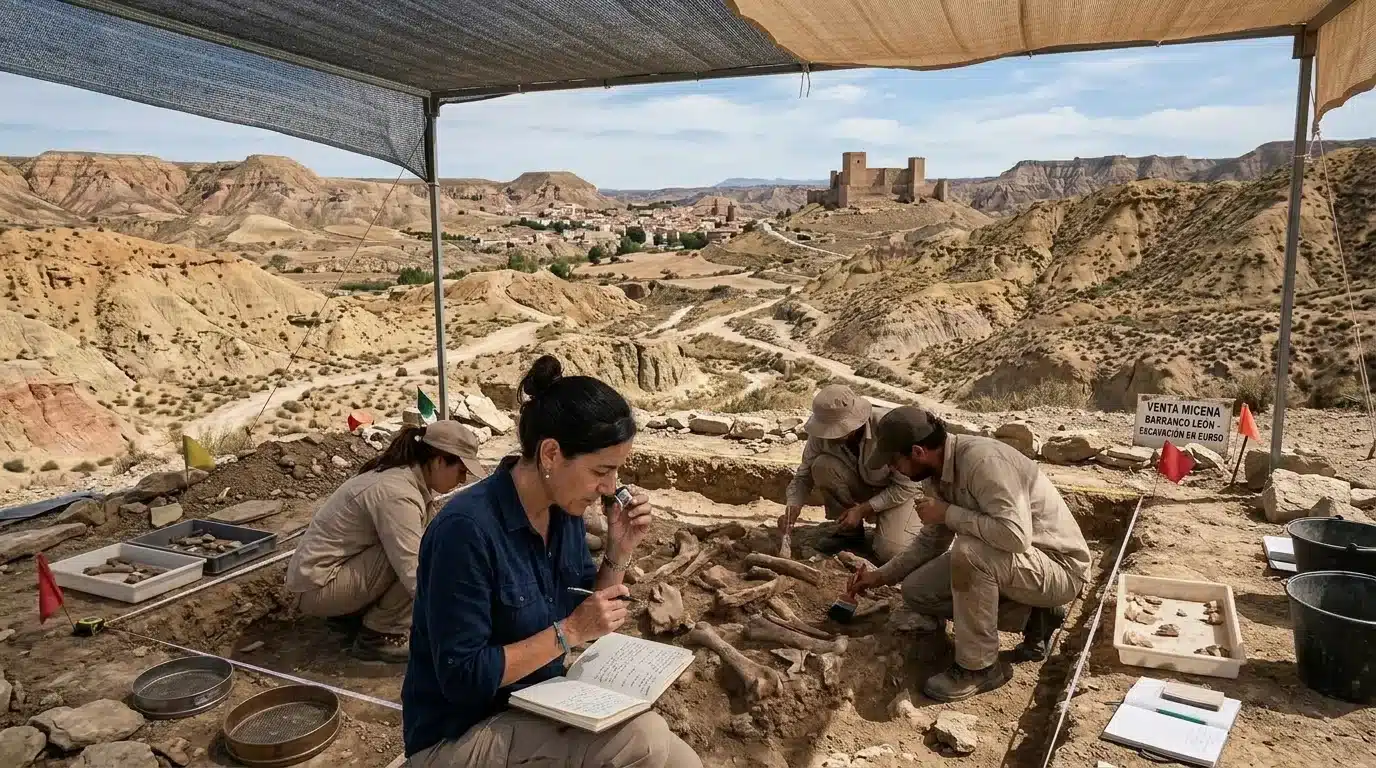 Excavación paleontológica en los yacimientos de Orce con fósiles del Pleistoceno y la Alcazaba de las Siete Torres en el horizonte