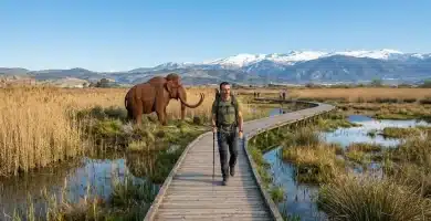 Pampaneira, Bubión y Capileira: La Esencia del Barranco de Poqueira 2026 4 Pasarela de madera en los humedales del Padul junto a la escultura de mamut lanudo con Sierra Nevada al fondo
