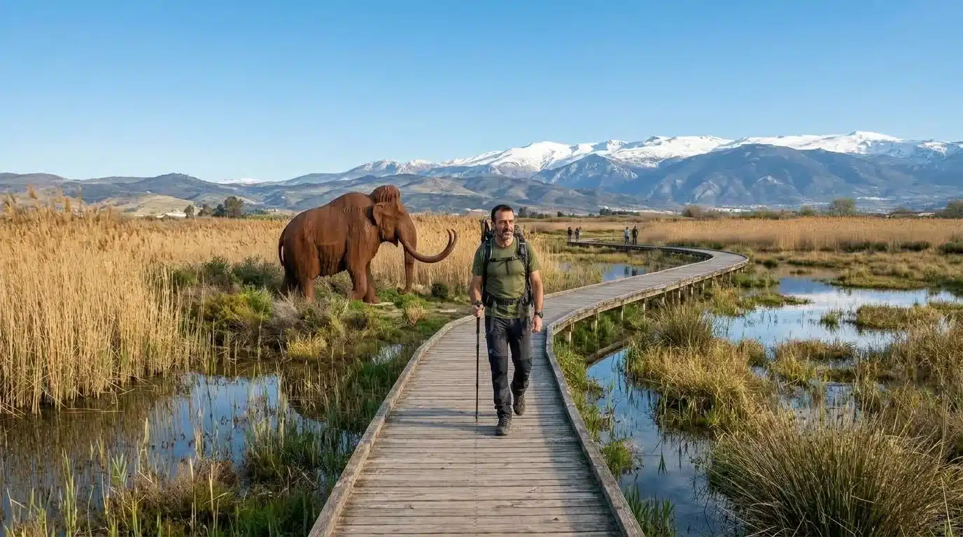 Pasarela de madera en los humedales del Padul junto a la escultura de mamut lanudo con Sierra Nevada al fondo
