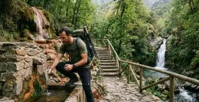 Pórtugos 12 Senderista llenando su cantimplora en el manantial de Fuente Agria de Pórtugos junto a la cascada del Chorrerón y el castañar