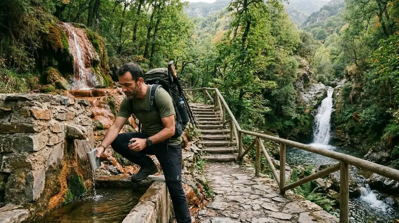 Senderista llenando su cantimplora en el manantial de Fuente Agria de Pórtugos junto a la cascada del Chorrerón y el castañar