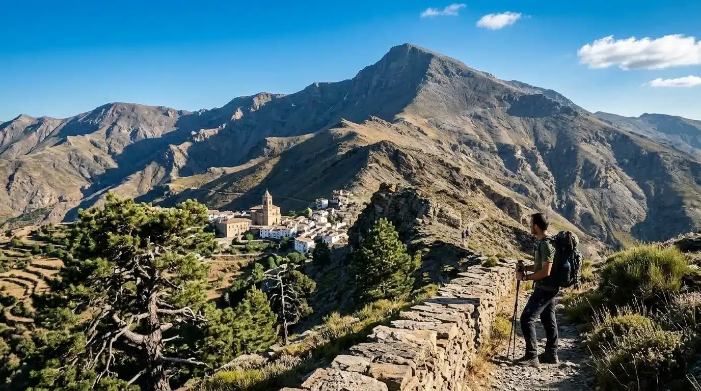 Puebla de Don Fadrique al pie de la monumental cumbre piramidal de La Sagra con sendero de alta montaña y pinares