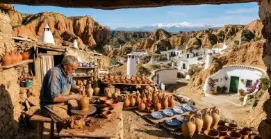 Purullena 9 Taller artesanal de alfarería en Purullena con chimeneas cónicas de casas cueva en los badlands arcillosos del Geoparque de Granada