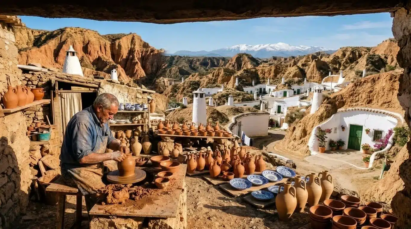 Taller artesanal de alfarería en Purullena con chimeneas cónicas de casas cueva en los badlands arcillosos del Geoparque de Granada