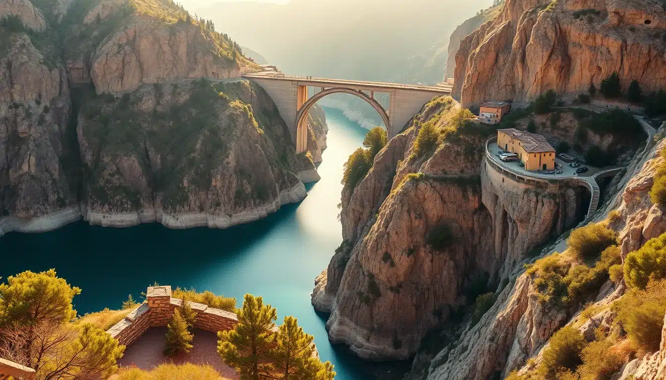 Panorámica del embalse de Quéntar con aguas turquesas encajadas entre los cañones calizos del río Aguas Blancas y pinares de repoblación