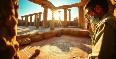 Salar 7 Arqueólogo de campo examinando con lupa y pincel un mosaico romano polícromo en la excavación de la Villa Romana de Salar