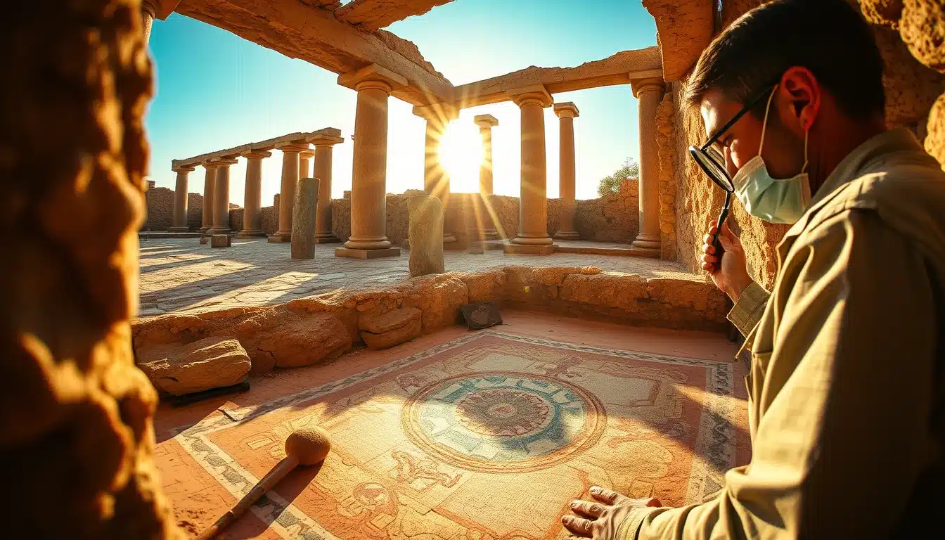 Arqueólogo de campo examinando con lupa y pincel un mosaico romano polícromo en la excavación de la Villa Romana de Salar