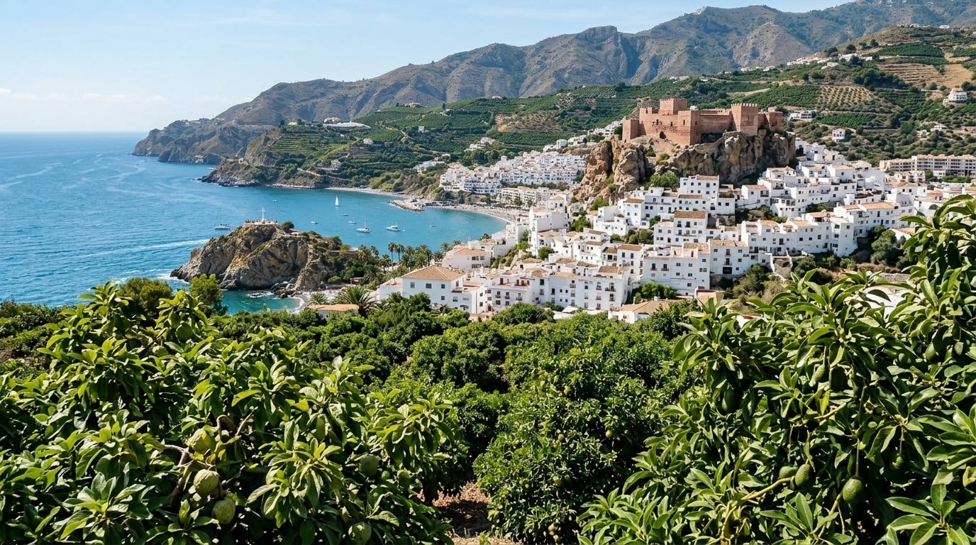 Pueblo blanco de Salobreña coronado por el castillo árabe sobre el peñón rodeado de cultivos subtropicales y mar Mediterráneo