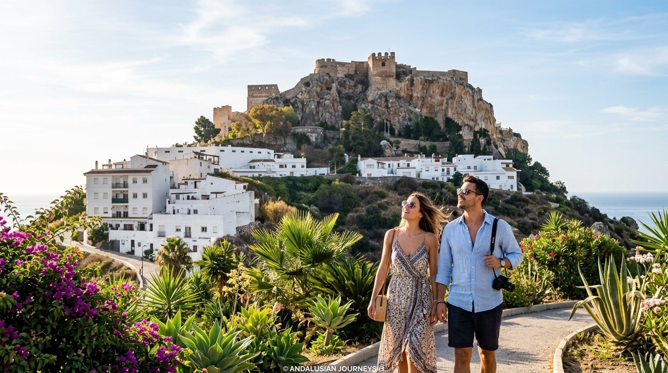 Pareja contemplando las casas blancas y el castillo árabe de Salobreña frente al mar Mediterráneo en la Costa Tropical de Granada