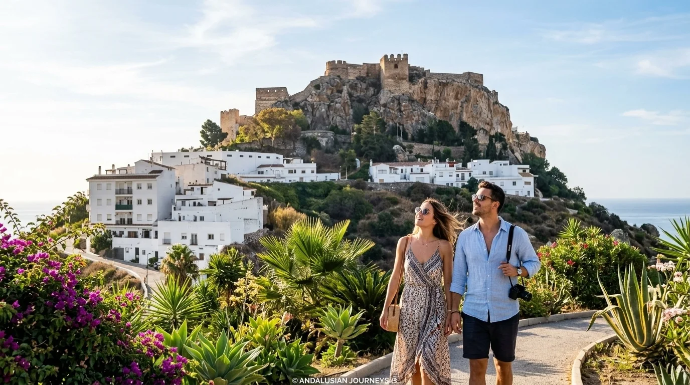 Casal a contemplar as casas brancas e o castelo árabe de Salobreña em frente ao Mar Mediterrâneo na Costa Tropical de Granada