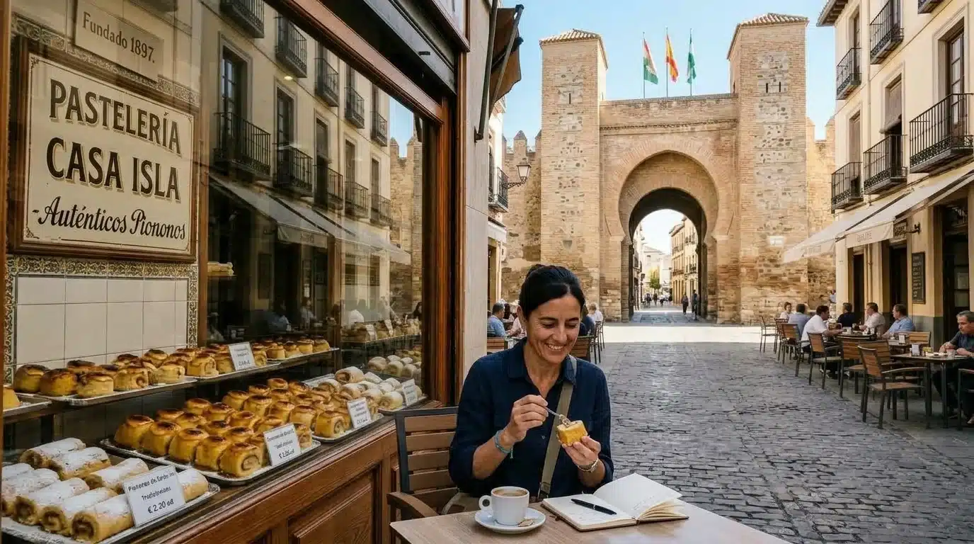 Terraza en la calle principal de Santa Fe degustando piononos de Casa Isla frente a la monumental Puerta de Granada