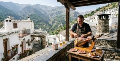 Maestro jamonero cortando Jamón de Trevélez en terraza tradicional de piedra con vistas a Sierra Nevada