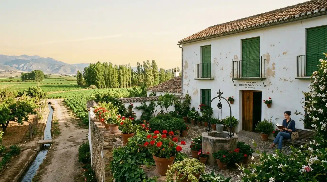 Patio y acequia de la Casa Museo Federico García Lorca en Valderrubio con geranios en flor y campos de la Vega de Granada