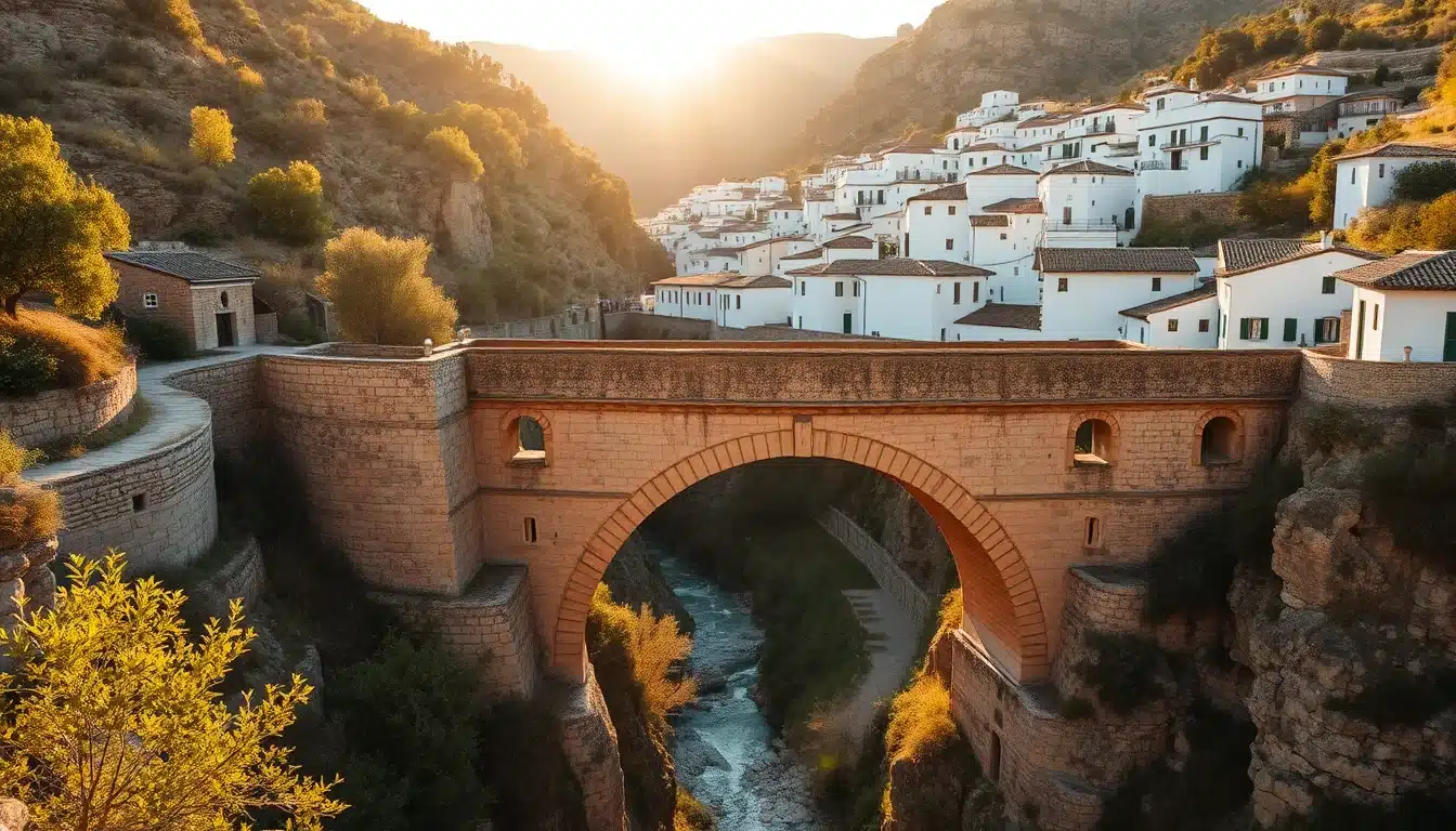 Puente de piedra medieval de origen andalusí sobre el barranco de Válor rodeado de castaños milenarios y acequias tradicionales en la Alpujarra