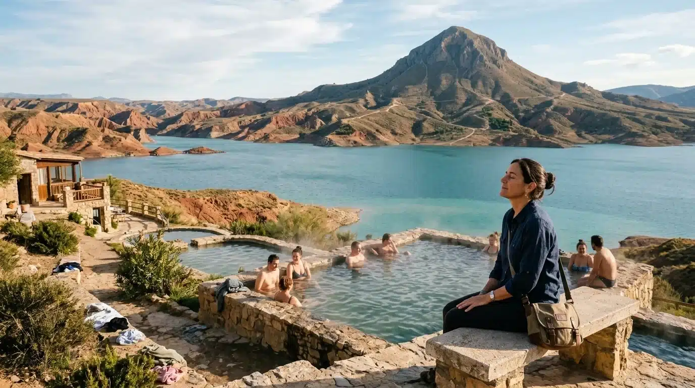Piscinas termales de Zújar con vistas panorámicas al Cerro Jabalcón y a las aguas turquesas del Embalse del Negratín