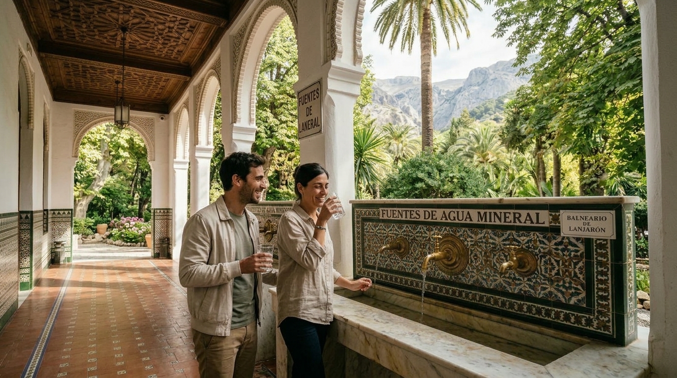 Pareja paseando por los jardines históricos y la fachada mudéjar del Balneario de Lanjarón en la Alpujarra de Granada