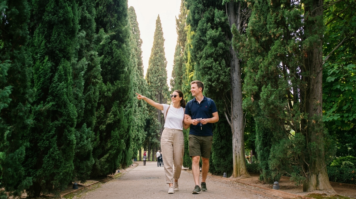 Elena y Marc caminando por el paseo arbolado de cipreses desde el aparcamiento oficial de la Alhambra hacia las taquillas del Generalife