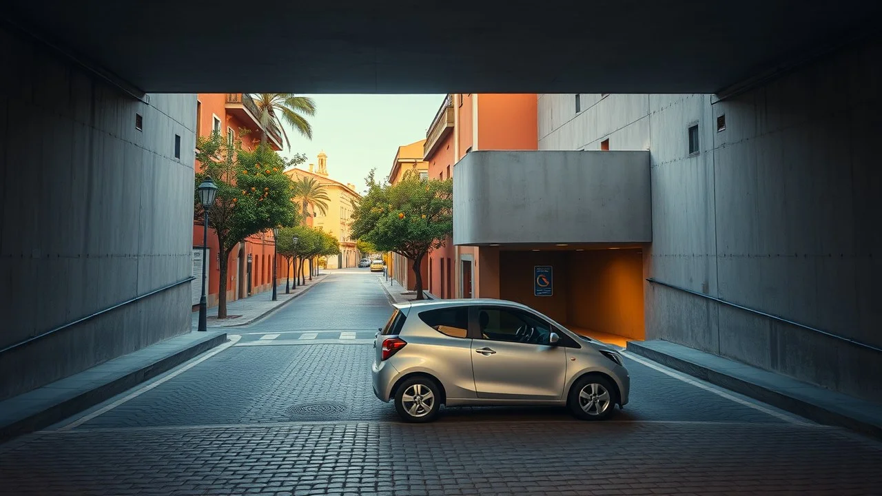 Elena und Marc parken ihr Auto auf einem Parkplatz in Granada, um ihren Besuch mit öffentlichen Verkehrsmitteln im historischen Zentrum zu beginnen